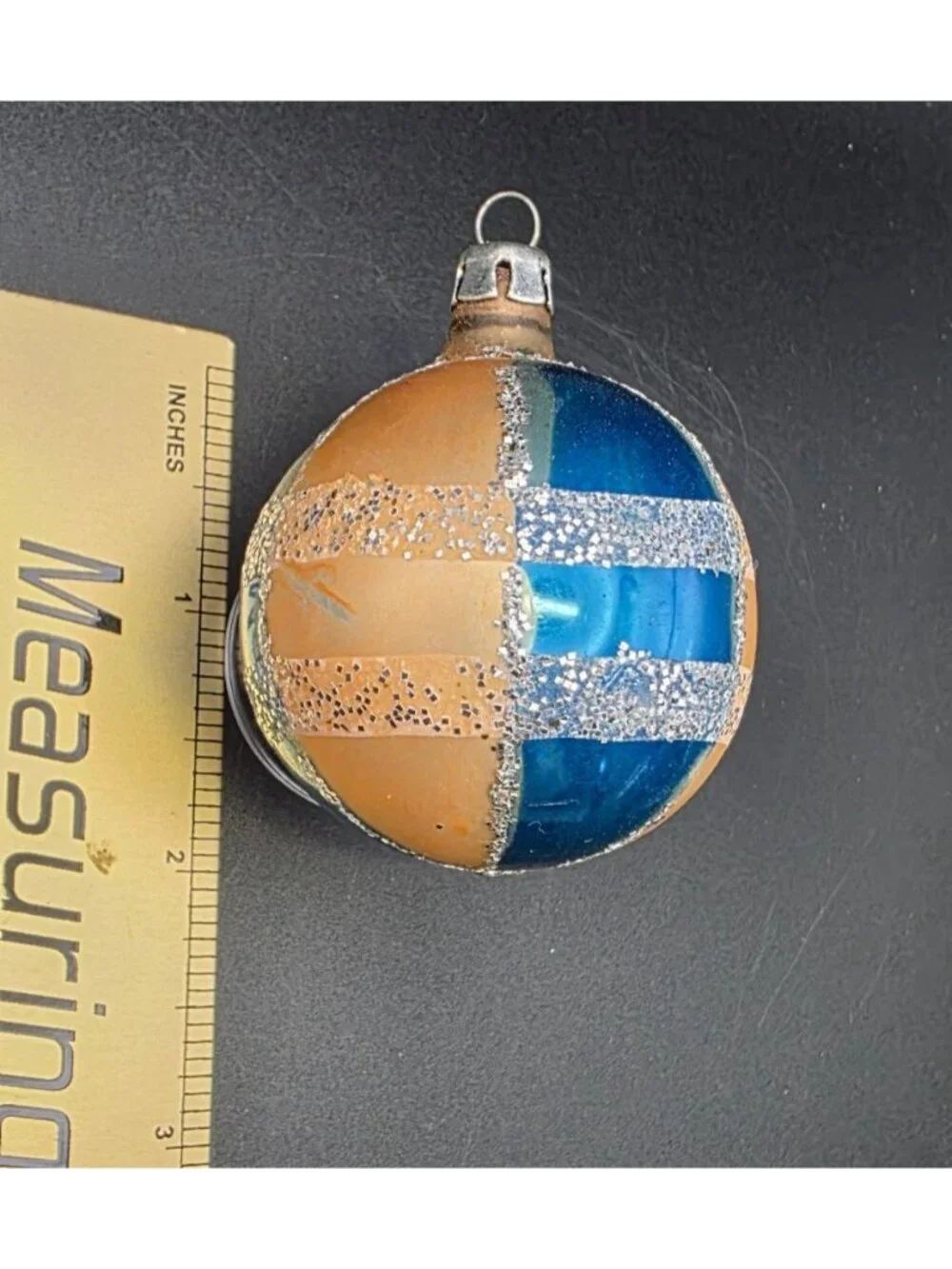 Vintage MCM Blue Gold & Mica Striped Mercury Glass Christmas Ornament